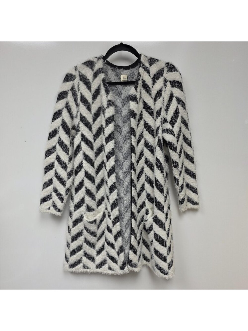 A.moon Sweater Cardigan Womens Large White Black Herringbone Open Front Knit